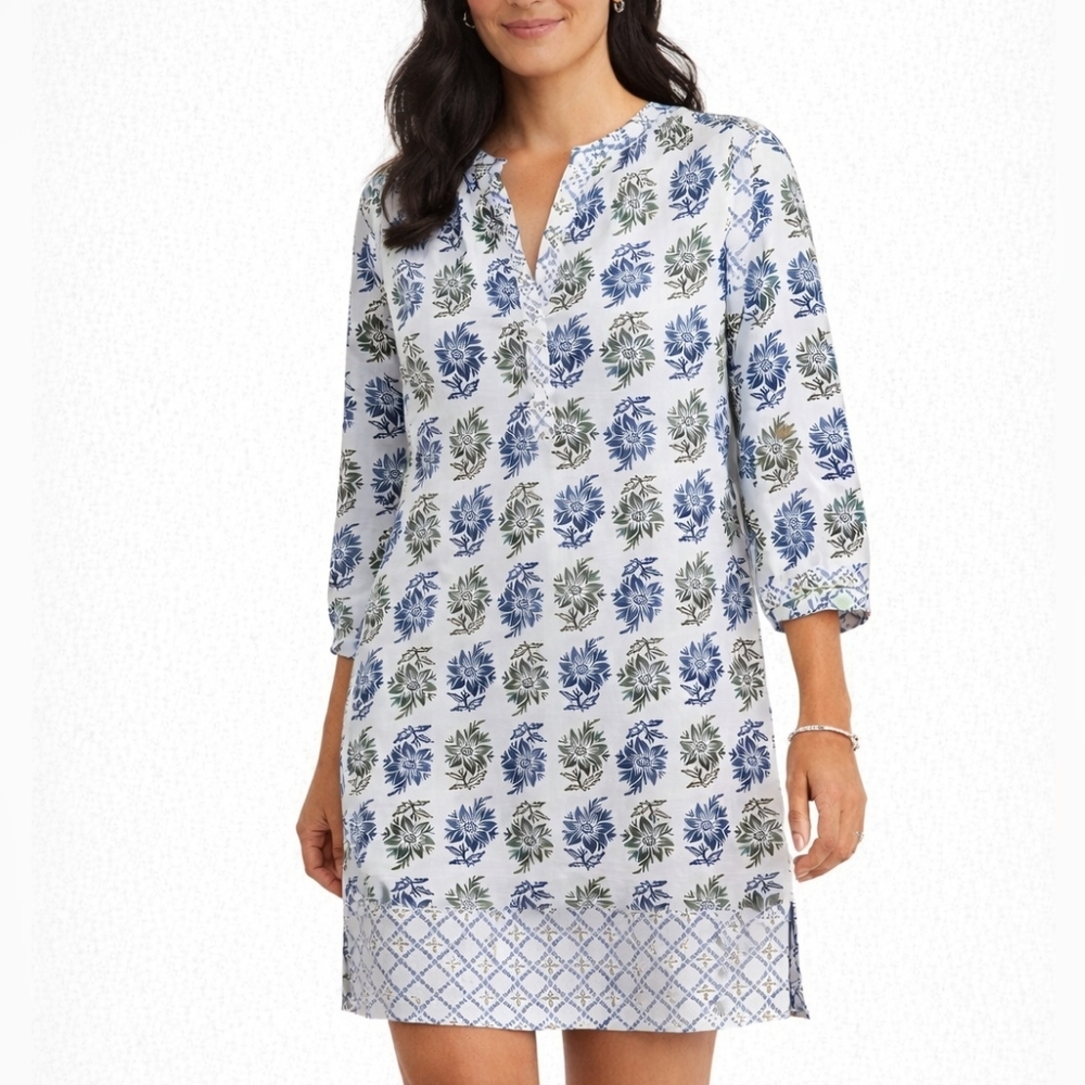 LOFT Outlet Petite Floral Shift Dress | Size SP | Blue Green Rayon Border Print